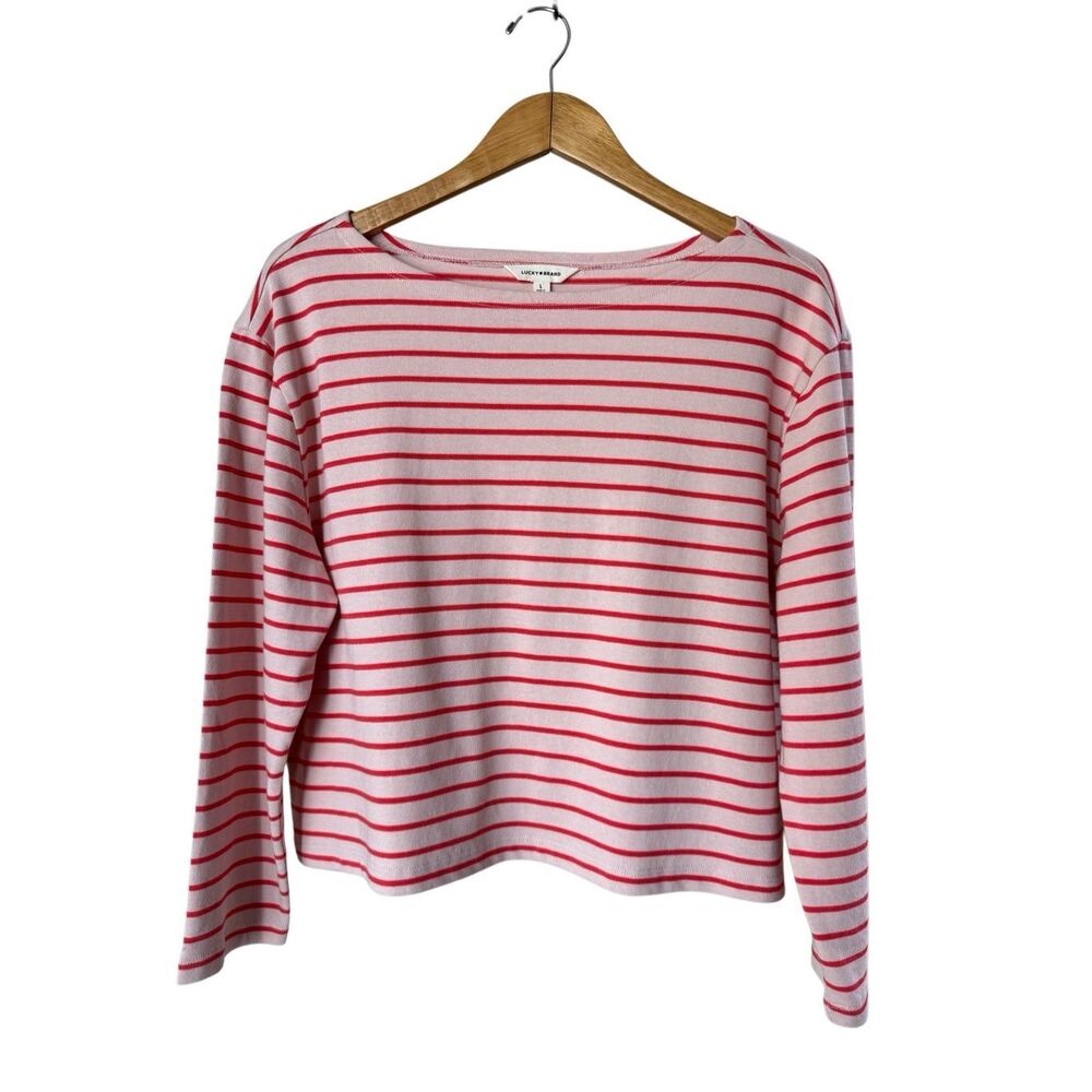Lucky Brand Red & Pink Striped Boxy Fit Breton Long Sleeve Tee Size L - Picture 5 of 12